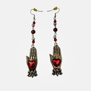 Hand Charm Earrings W/Garnet & Red Glass Beads Gothic Hypoallergenic Hooks NWOT